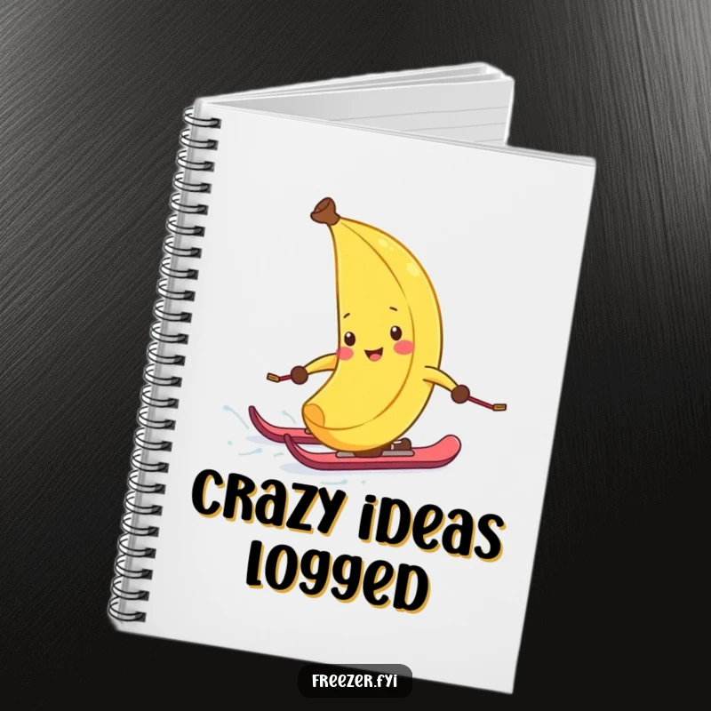 Funny notebook featuring a laughing banana peel on skis, hilariously descending a snowy slope, ideal for jotting down notes and winter plans.