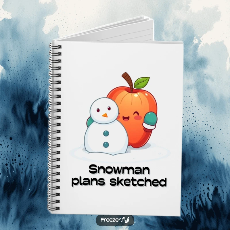 Funny notebook featuring a cheerful apple with mittens, hilariously attempting to build a snowman, ideal for note-taking and creative writing.