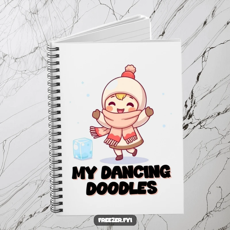 Funny notebook with a character in a scarf happily dancing with a shivering ice cube, for jotting down warm and humorous thoughts.