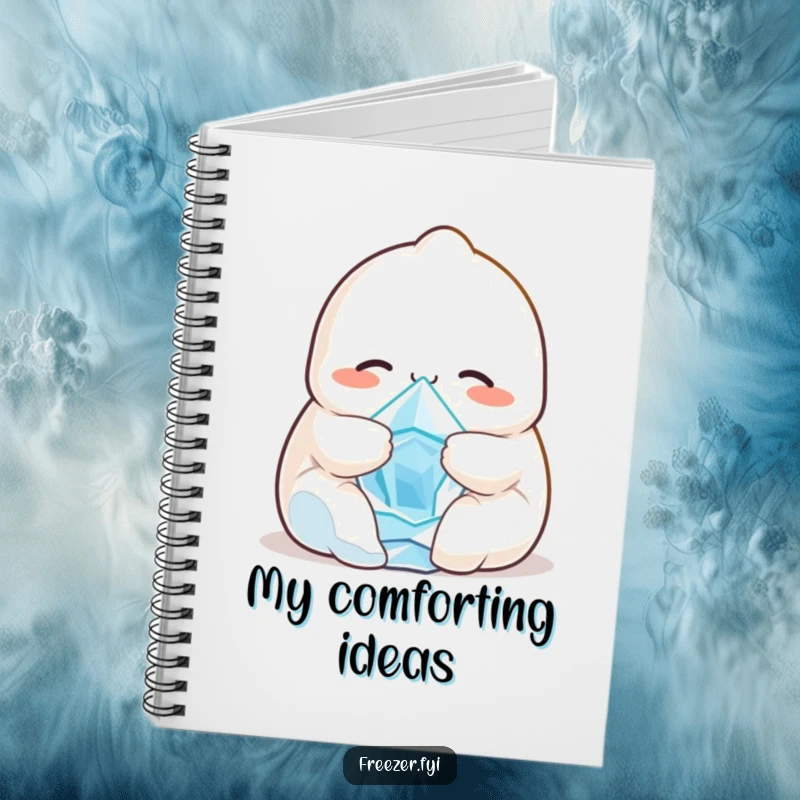 Funny notebook depicting a smiling dumpling character cuddling a tiny, shivering ice crystal, perfect for jotting down notes with a warm, humorous theme.