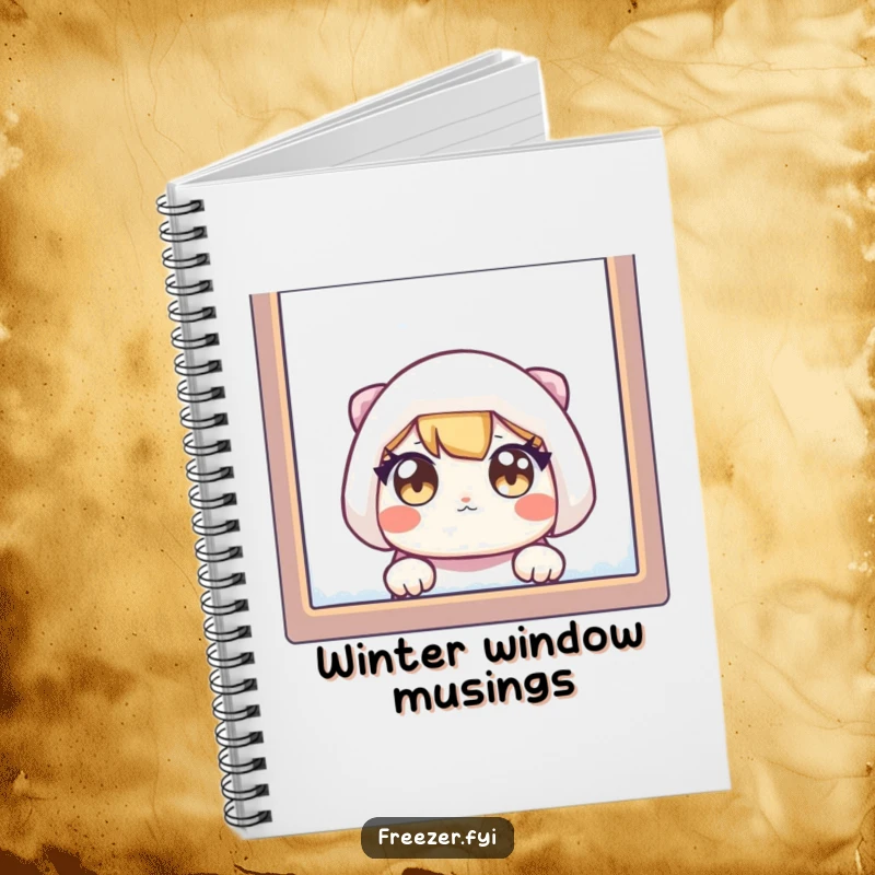 Funny notebook with a character's wide eyes peeking through a frosty window, designed for jotting notes with a humorous and charming visual.