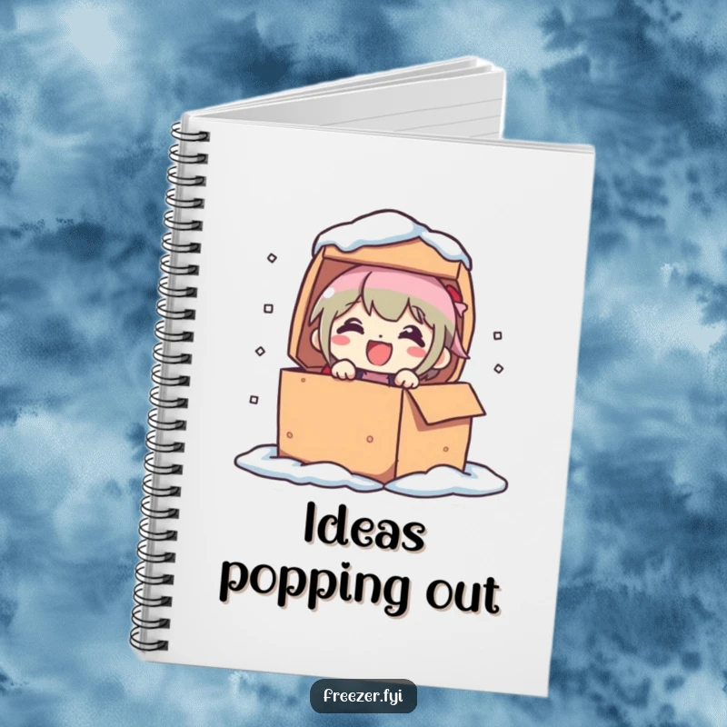 Funny notebook depicting a character popping out of a frozen box with a delighted expression. Hilarious stationery for capturing surprising thoughts.