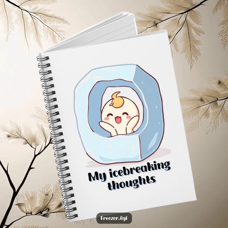 Funny notebook with a character bursting out of a giant ice cube with a surprised, joyful expression, for jotting down exciting thoughts.