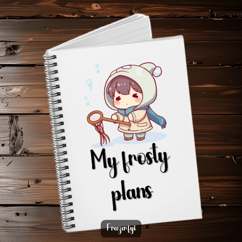 Funny notebook with a character playfully trying to catch falling icicles with a small net, ideal for jotting down chilly ideas.