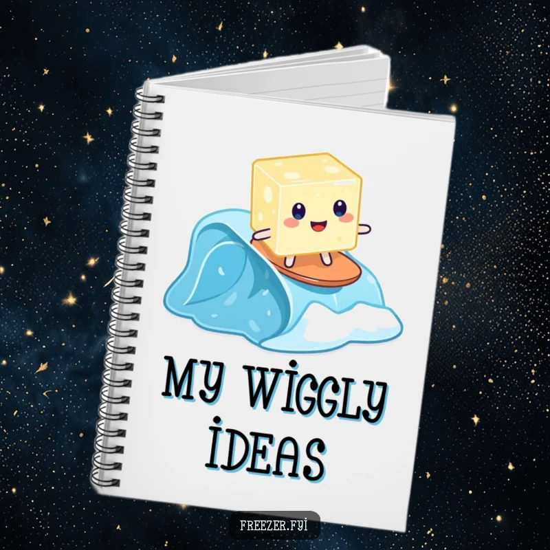 Funny notebook with a wobbly jelly cube attempting to surf on a tiny frozen wave, for notes.