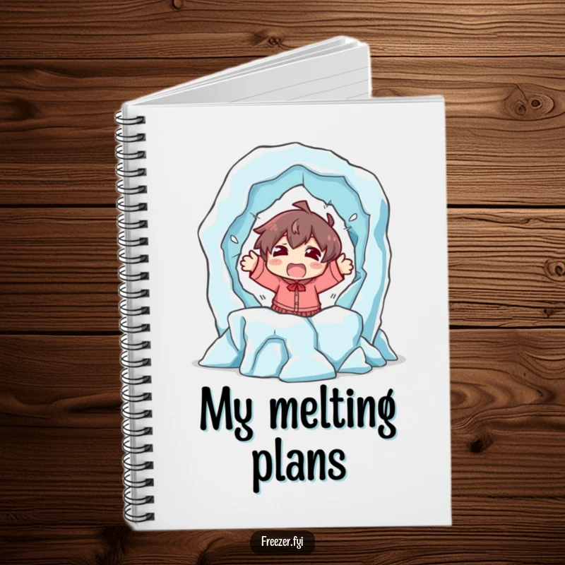 Funny notebook cover showing a shocked character comically escaping a melting ice sculpture, great for jotting down humorous or unexpected thoughts.