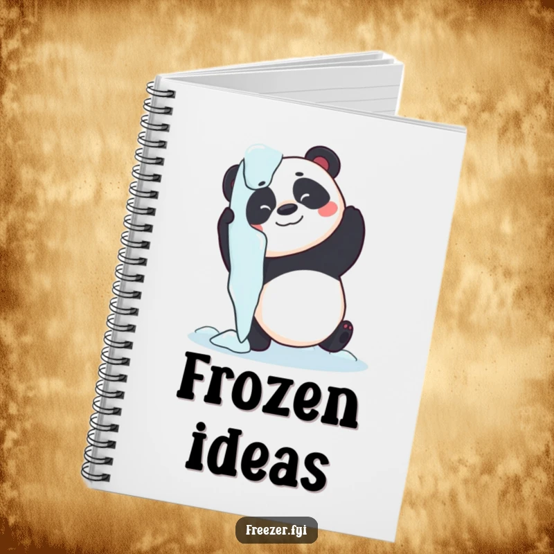 Funny panda notebook featuring a cute panda hugging a large icicle, ideal for jotting notes with a smile.