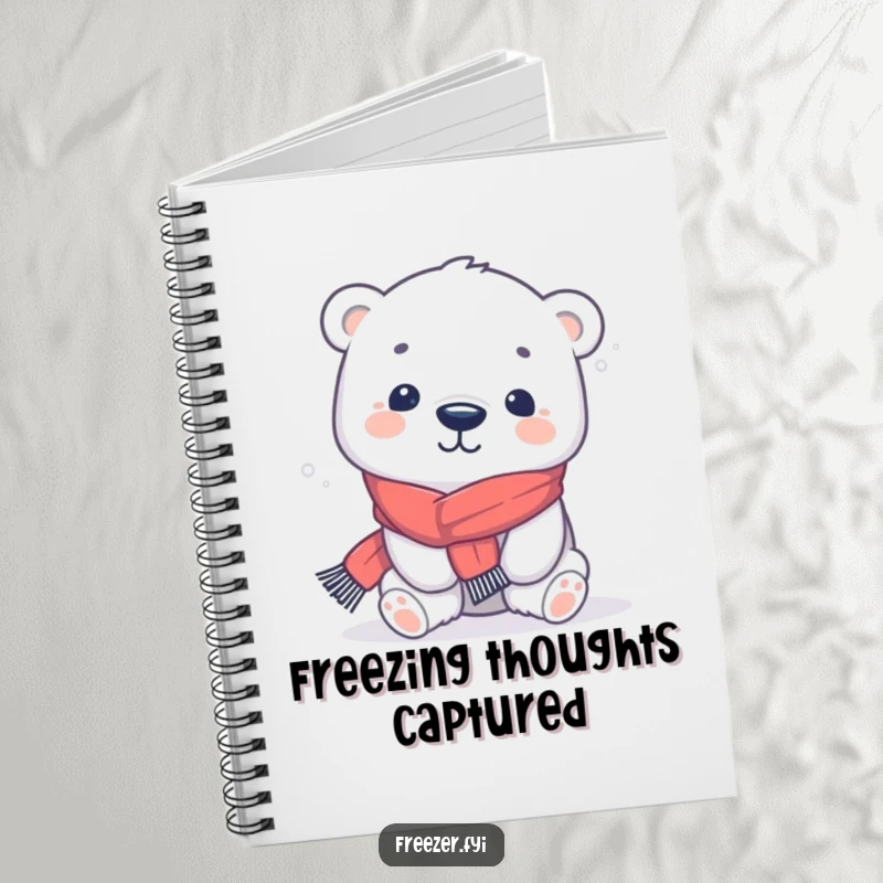 Funny polar bear notebook with a kawaii character in a tiny scarf, playfully shivering, ideal for jotting down cozy ideas.