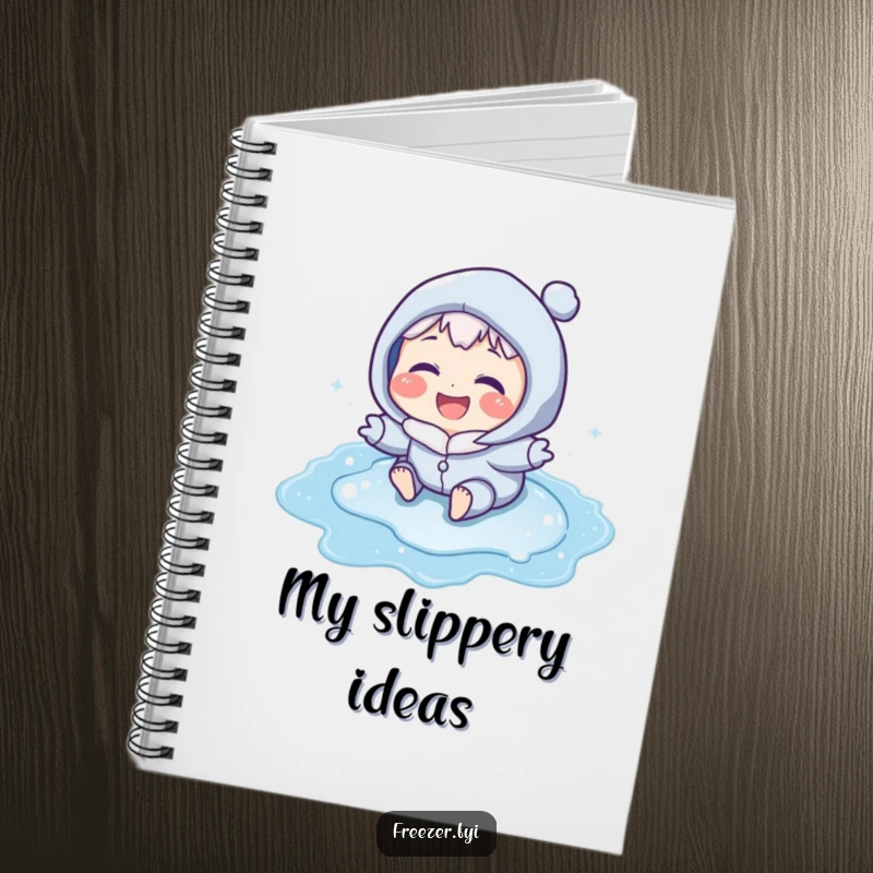 Funny notebook with a character with icy blue cheeks laughing while sliding on a frozen puddle, for jotting down humorous ideas.