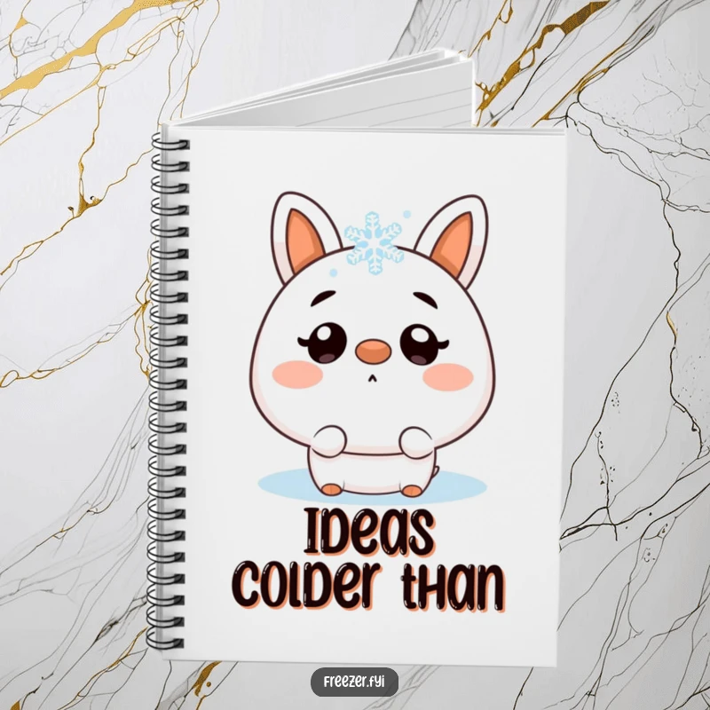 Funny notebook cover featuring a character surprised by a snowflake landing on its nose, great for jotting notes with a winter theme.