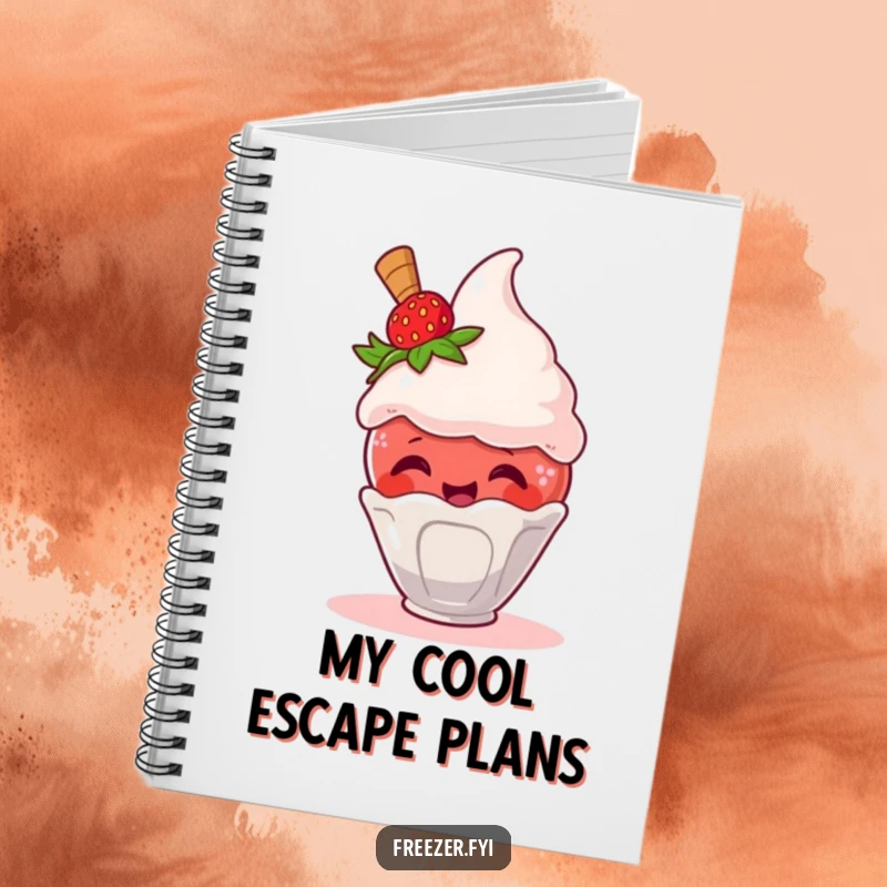 Funny notebook with a giggling strawberry escaping an ice cream scoop, for capturing ideas with humor.