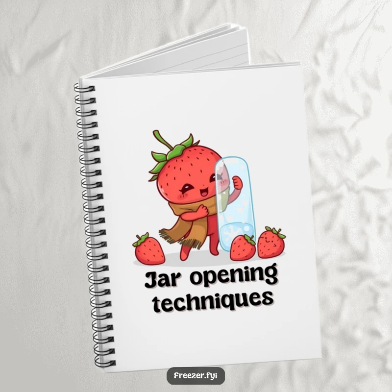 Funny notebook featuring a determined strawberry wearing a scarf, comically trying to open a frozen jar, perfect for writing and planning.
