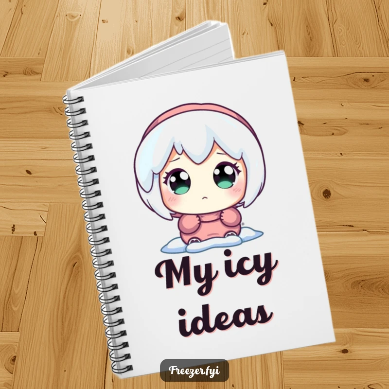 Funny notebook with a character having wide, amazed eyes looking at a glowing icicle, perfect for jotting notes.