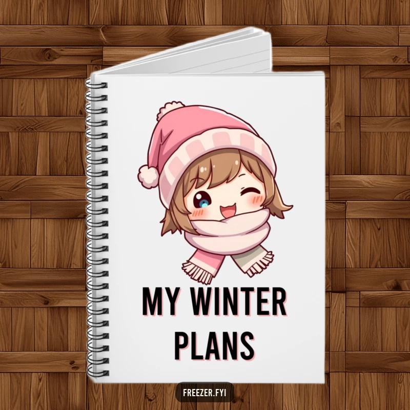 Funny notebook with a character joyfully wearing a tiny winter hat and scarf, perfect for jotting notes.