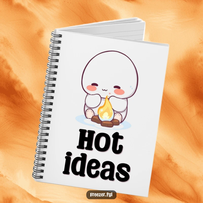 Funny notebook featuring a rosy-cheeked character happily warming their hands by a small, glowing ice fire, ideal for jotting down ideas with a cozy touch.