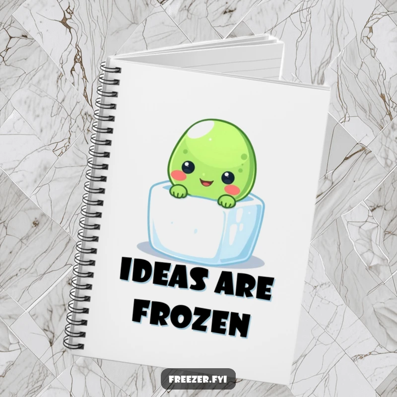 Funny frozen pea notebook with a smiling character peeking from a tiny ice cube, ideal for jotting down cool ideas.