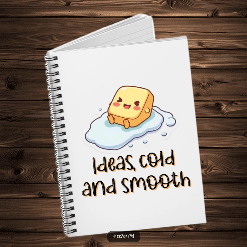 Funny notebook showing a tiny butter pat character joyfully sliding down a smooth, icy surface, perfect for note-taking.