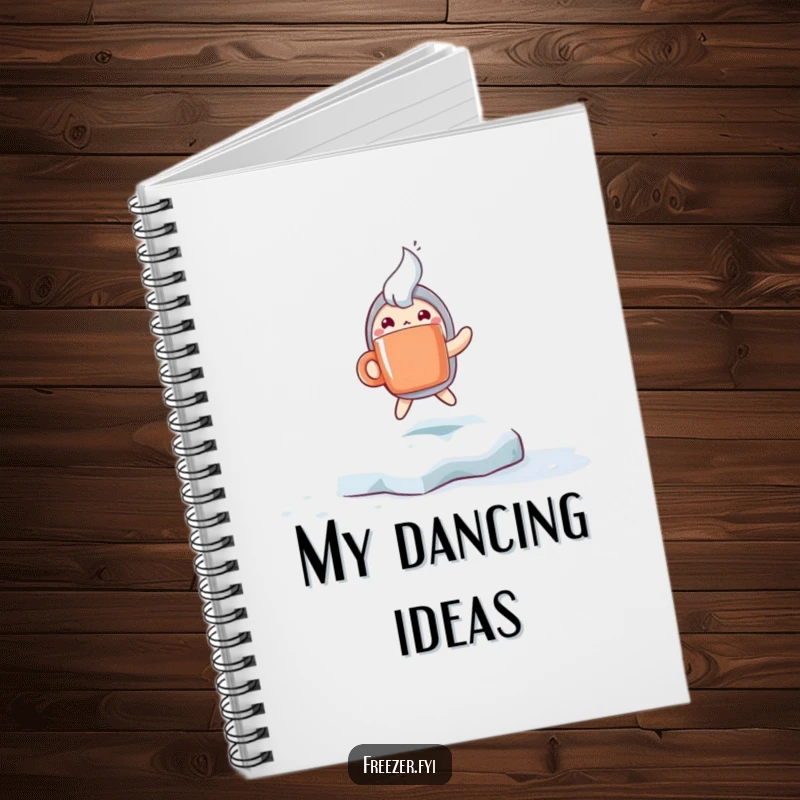 Funny notebook with a character holding a steaming mug and hopping excitedly on a frosty surface, ideal for jotting down cheerful thoughts.
