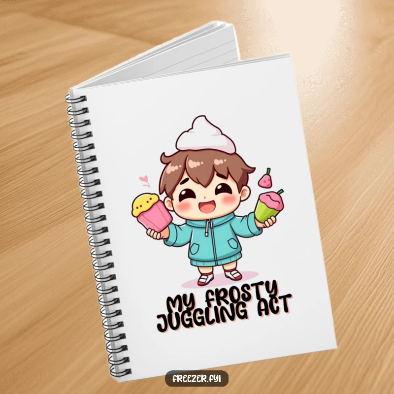 Funny notebook with a character smiling while juggling frozen foods, ideal for capturing talented thoughts, a humorous gift.
