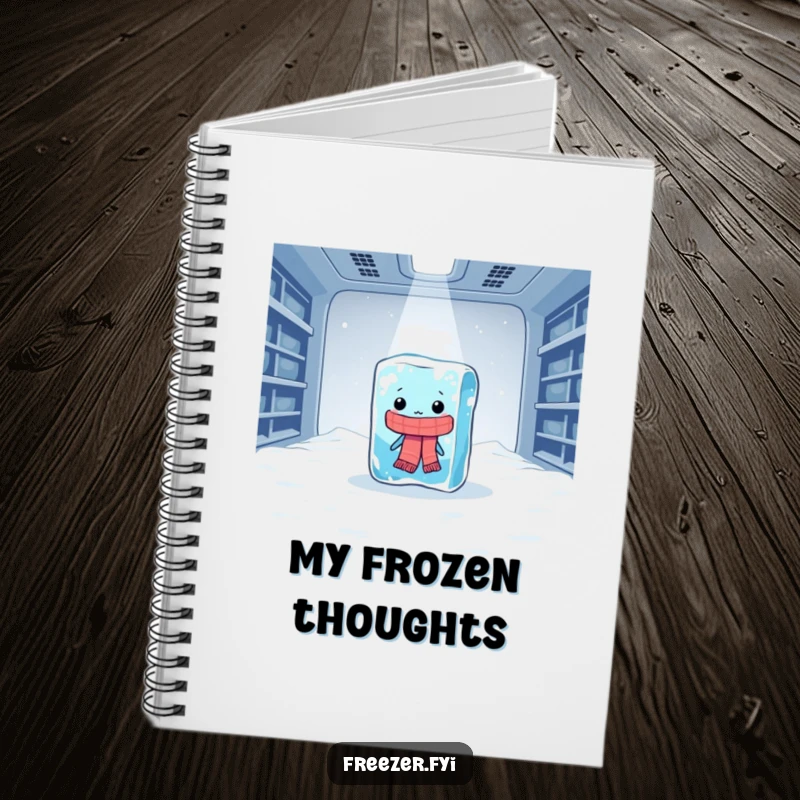 Funny notebook featuring a lonely ice cube with a scarf, shivering dramatically in a vast freezer, perfect for notes.