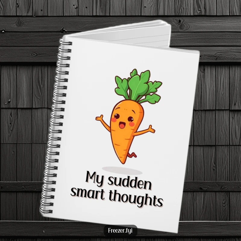 Funny notebook depicting a cheerful carrot stick character doing a surprised little jump, perfect for jotting down notes with playful energy.