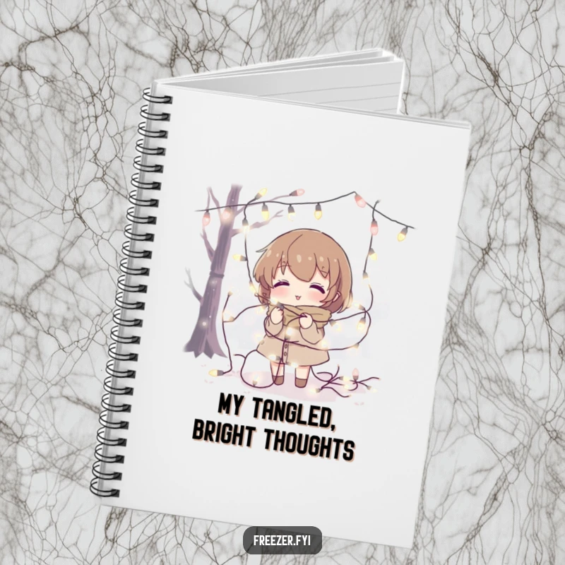 Funny notebook with a character tangled in fairy lights in a cold setting, ideal for capturing bright ideas, a humorous gift.