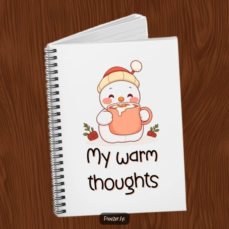 Funny notebook featuring a content snowman character happily sipping hot cocoa from a large mug, perfect for jotting down cozy ideas.