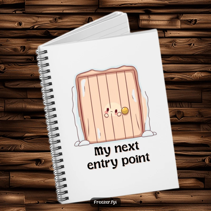 Funny notebook showing a character playfully peeking out from behind a large, frosty door, perfect for jotting down playful thoughts and secrets.