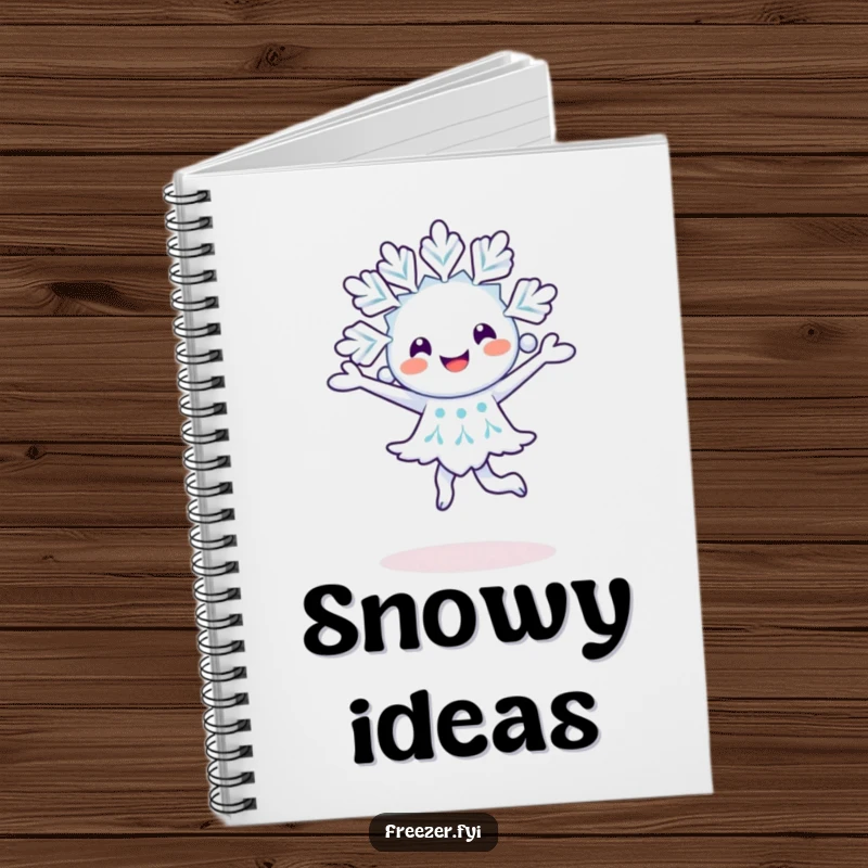 Funny happy snowflake character doing a pirouette on the cover of a fun winter-themed notebook.