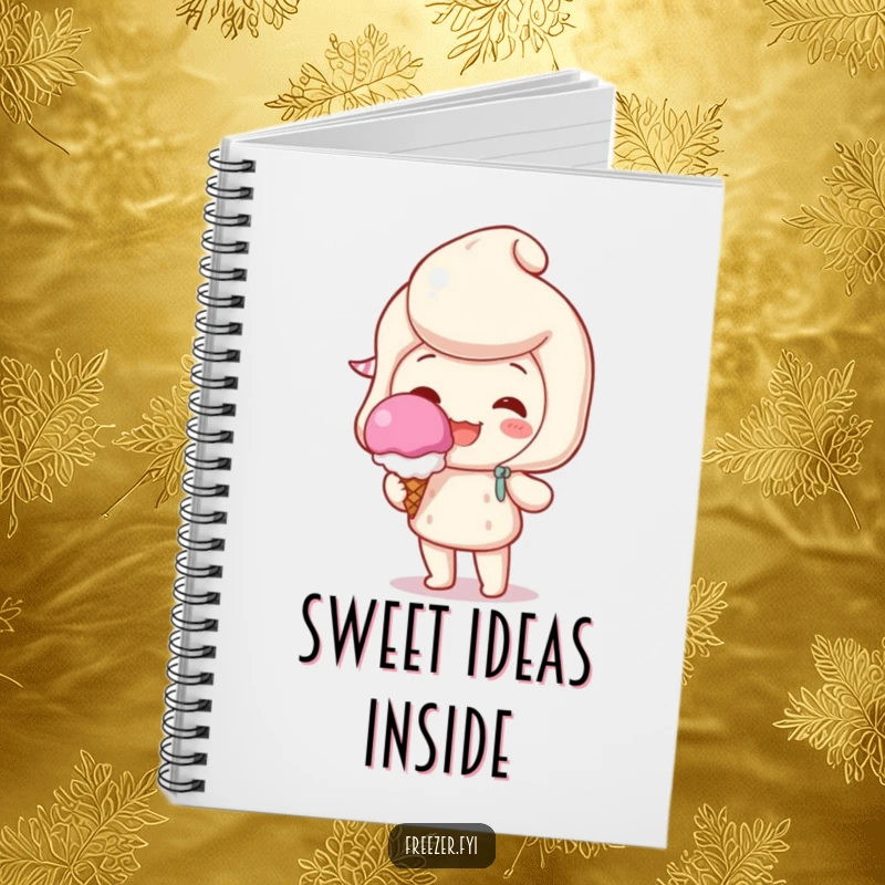 Funny notebook with a beaming character holding a single, perfect scoop of ice cream, ideal for jotting down sweet ideas.