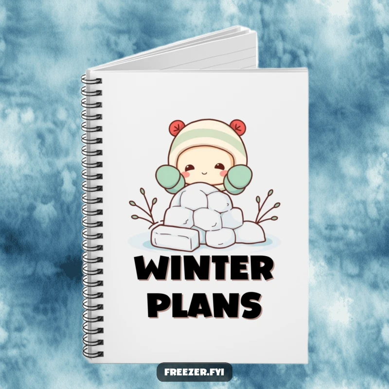Funny notebook featuring a happy character in mittens, building a miniature igloo from ice blocks, ideal for jotting down ideas with humor.
