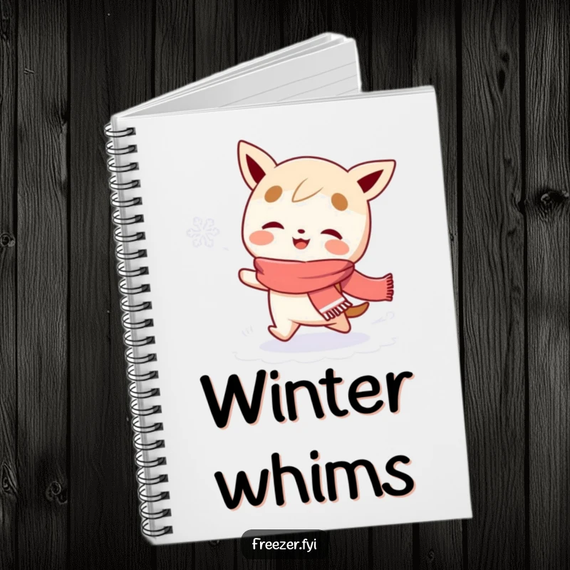 Funny notebook featuring a scarf-wearing character gleefully chasing a snowflake, ideal for jotting down ideas with a whimsical touch.