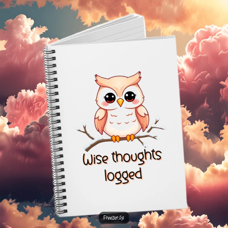 Funny owl notebook featuring a charming owl smiling on a snowy branch, ideal for jotting notes with a smile.