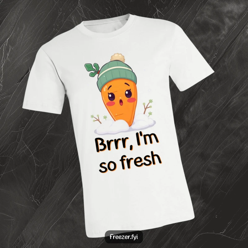 Funny surprised carrot t-shirt with a carrot wearing a tiny winter hat, shivering in snow, chilly veggie apparel gift.