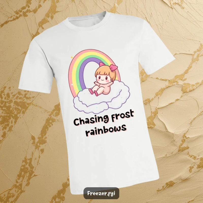 Funny T-shirt featuring a character happily sliding down a rainbow made of frost, celebrating winter's whimsical side.