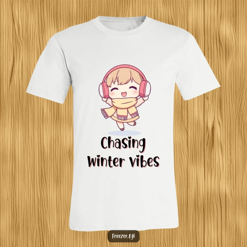Funny t-shirt featuring a character dressed warmly, joyfully dancing with abandon in a gentle snowfall, embodying pure winter delight.