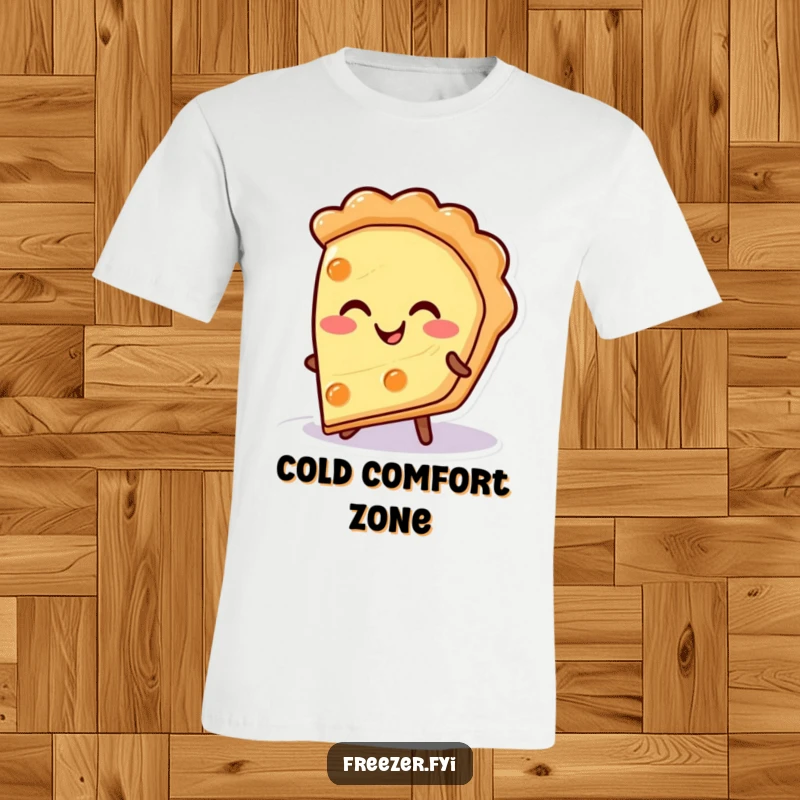 Funny pie slice t-shirt with a happy character smiling warmly from a cold surface, a comfortable and humorous apparel gift.