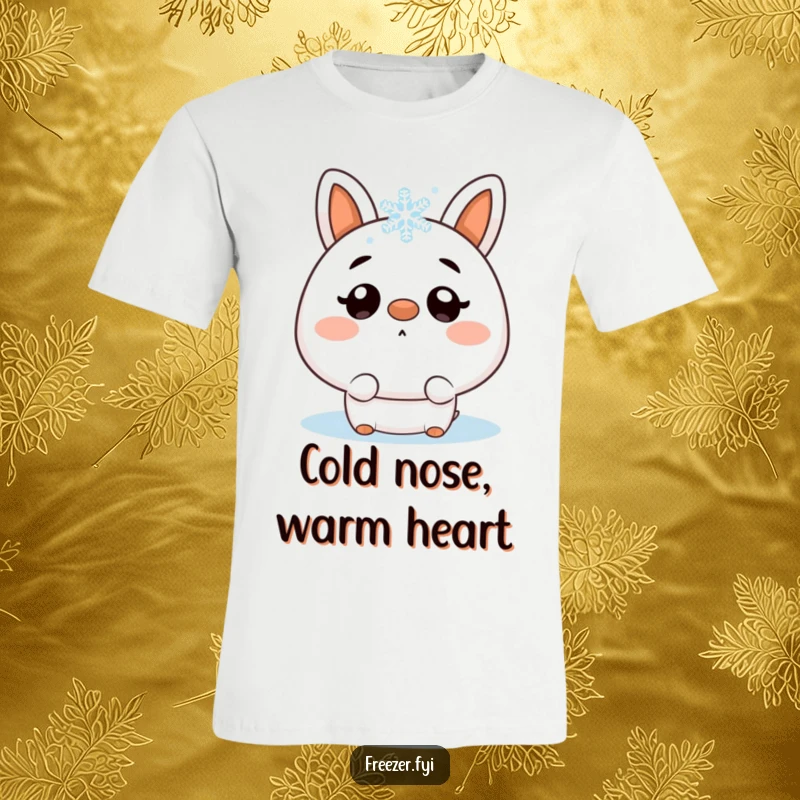 Funny t-shirt depicting a character with wide eyes, surprised by a snowflake landing perfectly on its nose, full of winter charm.