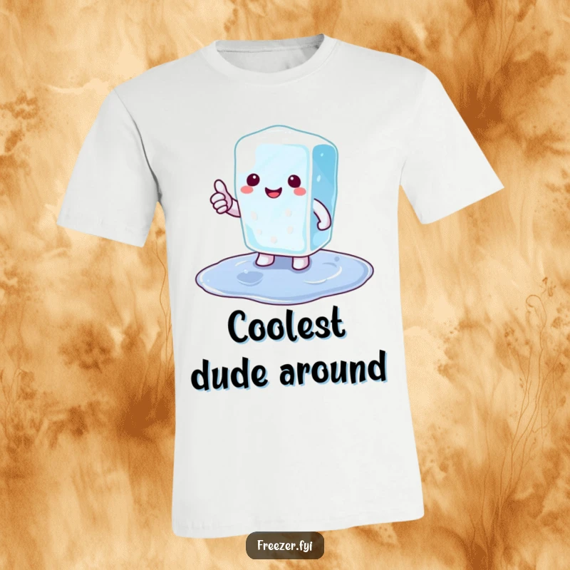 Funny ice cube t-shirt featuring a happy cartoon ice cube giving a thumbs up from a small puddle, radiating positivity.