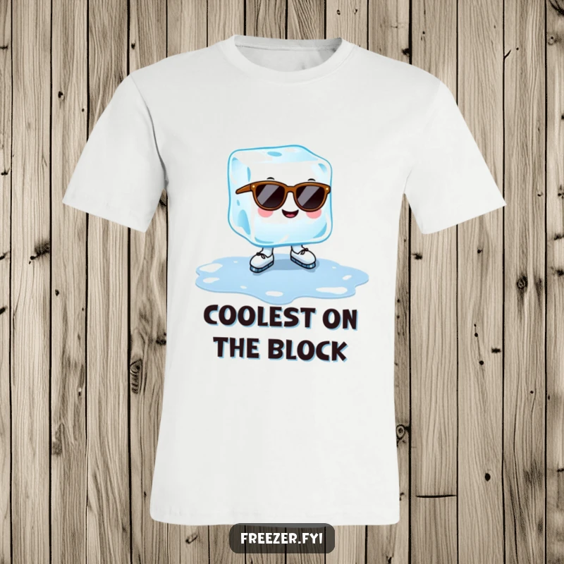 Funny ice cube t-shirt with a cheerful ice cube wearing sunglasses, ice-skating on a puddle, stylish cool summer gift.