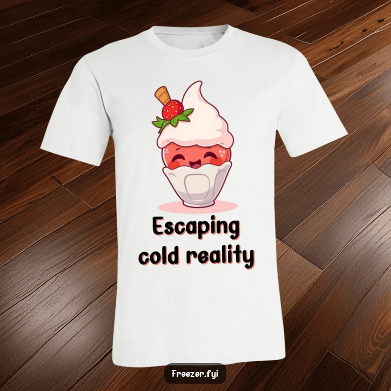 Funny t-shirt featuring a giggling strawberry character escaping a frosty ice cream scoop, celebrating freedom and humor.