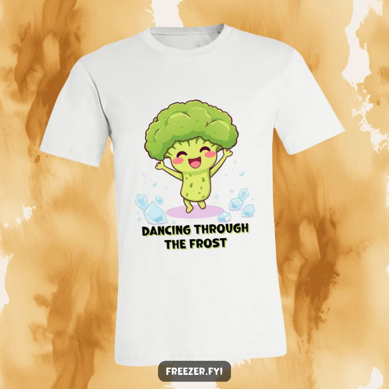 Funny t-shirt with a delighted broccoli character doing a happy dance among ice crystals, perfect for active and humorous personalities.