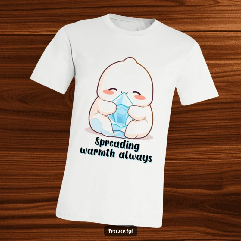 Funny t-shirt with a smiling dumpling character cuddling a tiny, shivering ice crystal, symbolizing comfort and adorable warmth.