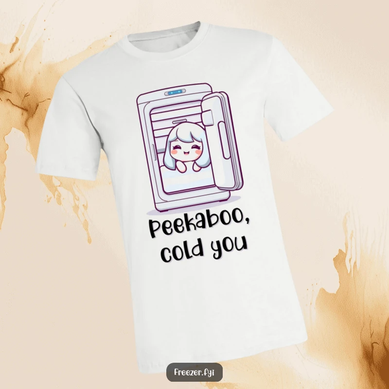 Funny t-shirt with a character giggling from inside an open freezer, a humorous and playful present.