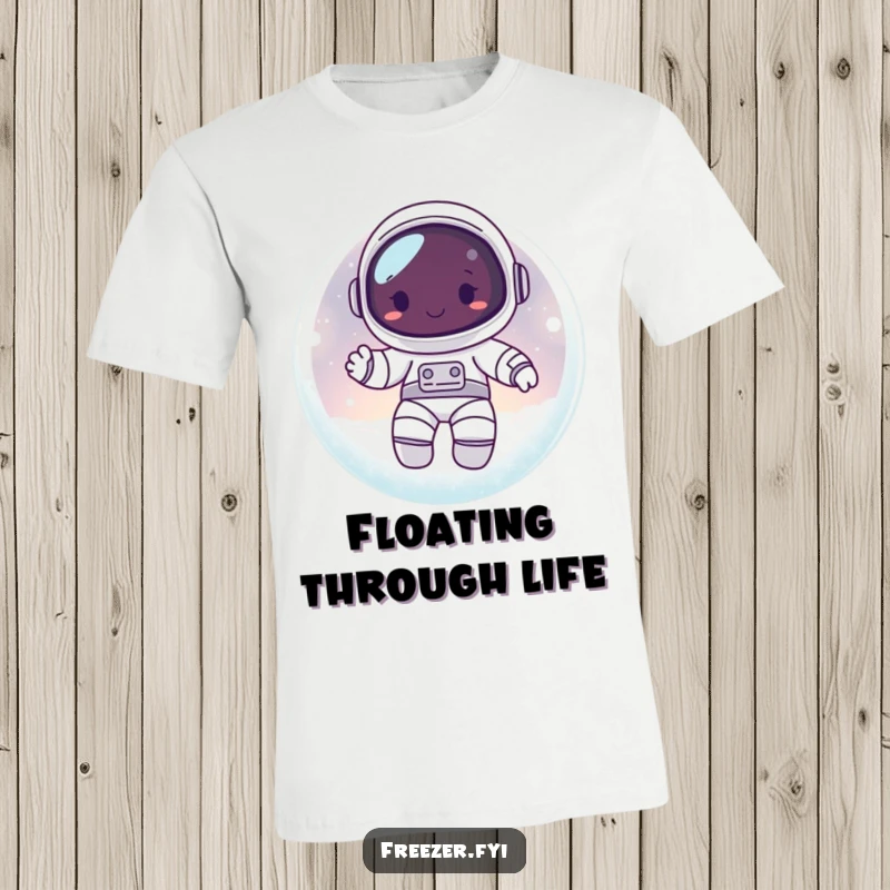 Funny t-shirt showing a happy astronaut character floating inside a frosty, glowing orb, celebrating cosmic adventures.