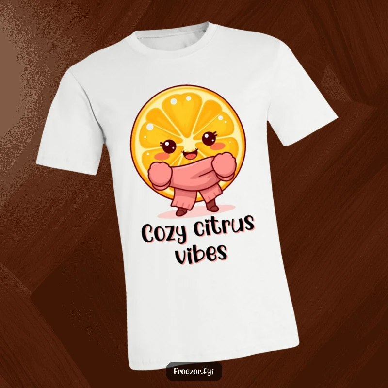 Funny t-shirt featuring a joyful orange slice character in mittens and scarf, spreading warmth and citrus humor.