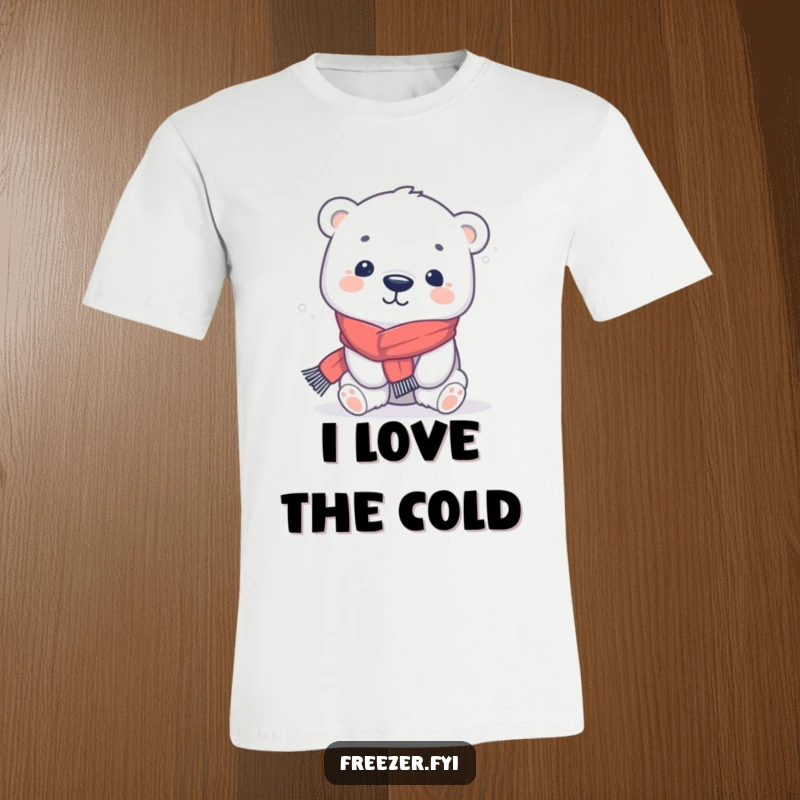Funny polar bear t-shirt with a kawaii character wearing a tiny scarf, shivering playfully, perfect for cool-weather fashion.