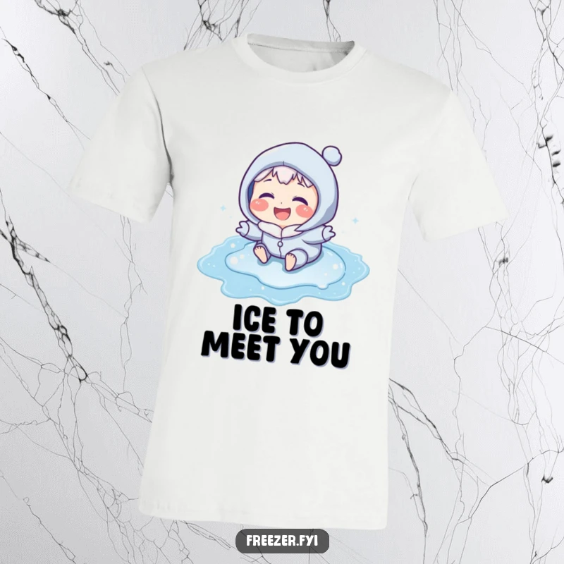 Funny t-shirt featuring a character with icy blue cheeks laughing while sliding on a frozen puddle, capturing pure winter exhilaration.