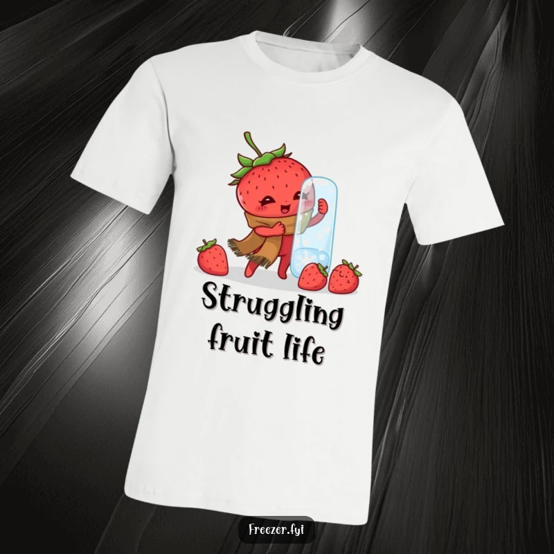 Funny T-shirt showcasing a scarf-wearing strawberry with a determined expression, battling to open a frozen jar, representing winter challenges.