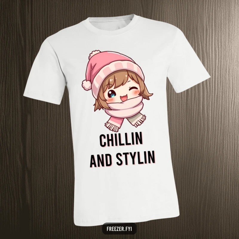 Funny t-shirt depicting a character radiating joy while sporting a tiny winter hat and scarf, embodying cozy winter vibes.